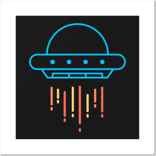 Neon Blue UFO Flying Saucer T-Shirt Posters and Art